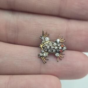 RARE Antique Czechoslovakian Frog Brooch Pin Clear Red Rhinestones Small HTF